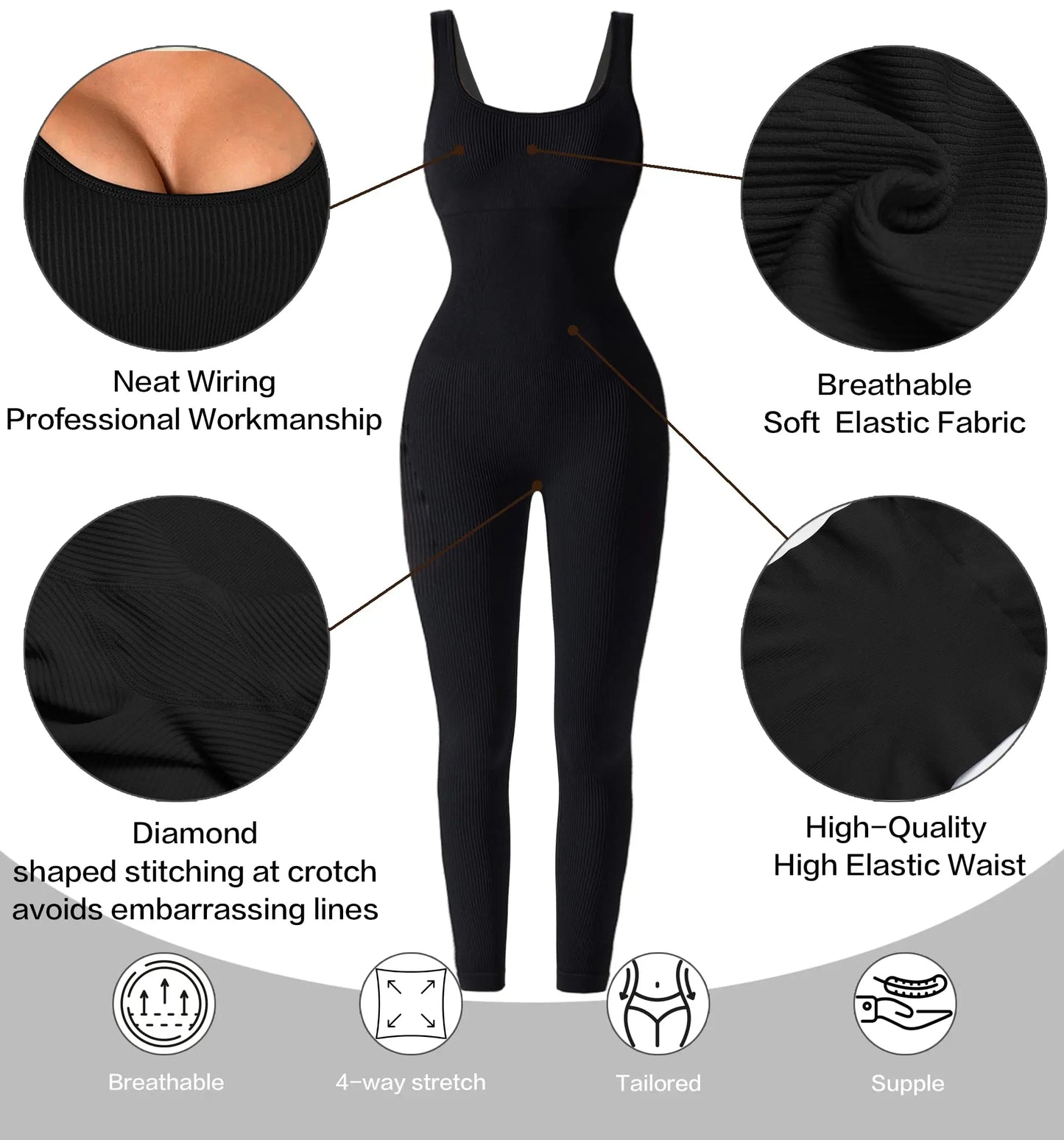 Women Workout Seamless Jumpsuit Yoga Ribbed Bodycon One Piece Square Neck Leggings Romper