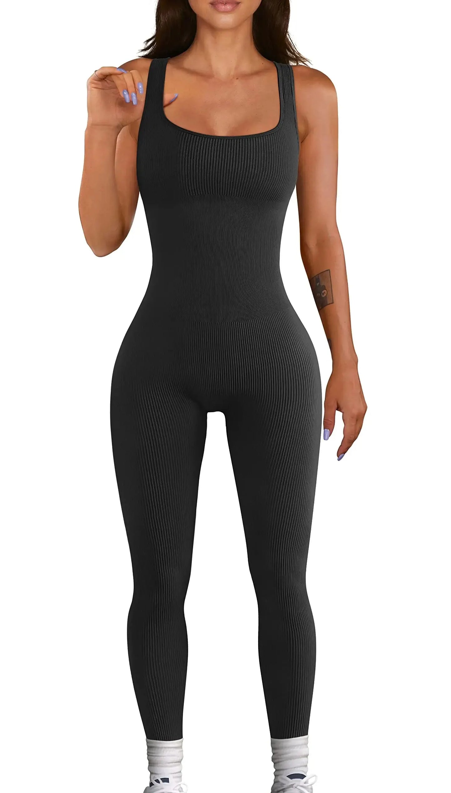 Women Workout Seamless Jumpsuit Yoga Ribbed Bodycon One Piece Square Neck Leggings Romper