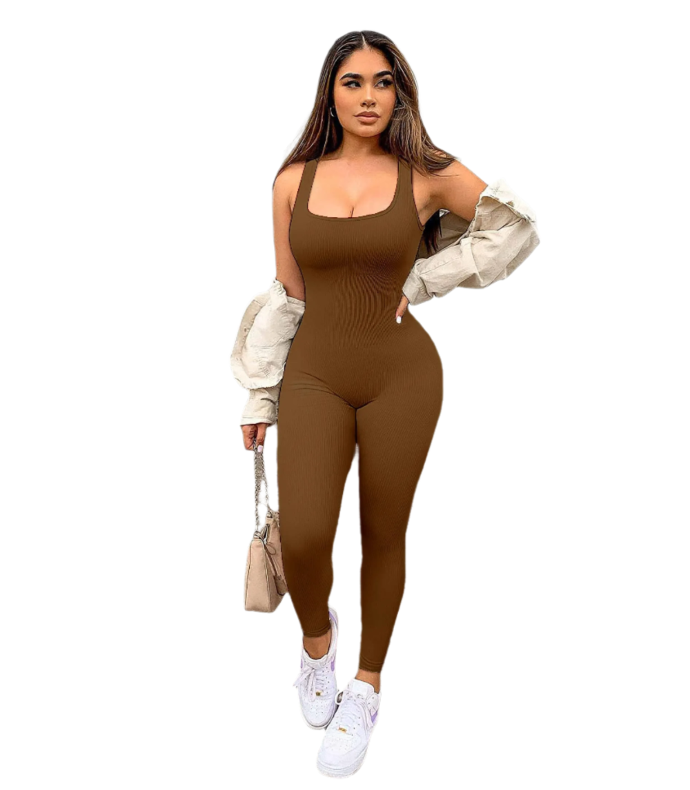 Women Workout Seamless Jumpsuit Yoga Ribbed Bodycon One Piece Square Neck Leggings Romper